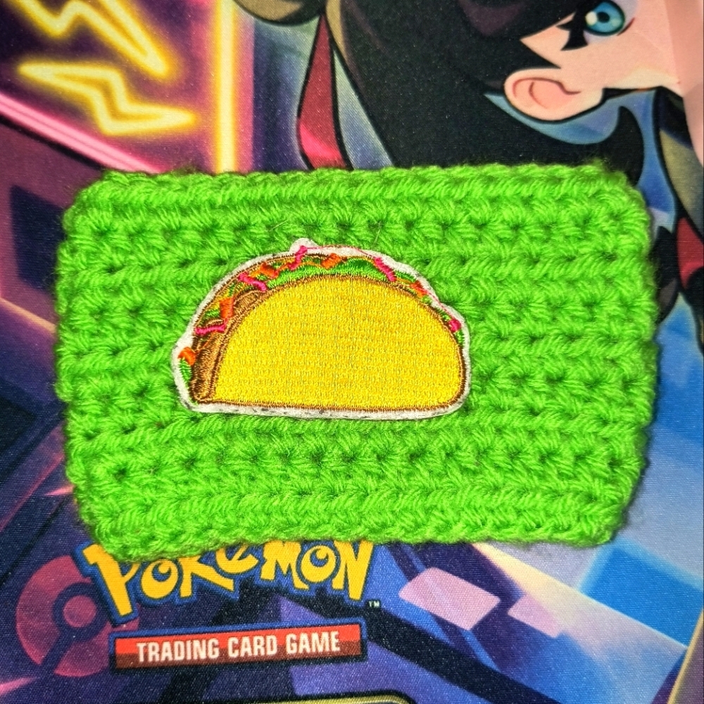 Green Crochet with Taco Patch Cup Kitchen Koozie Handmade Neon